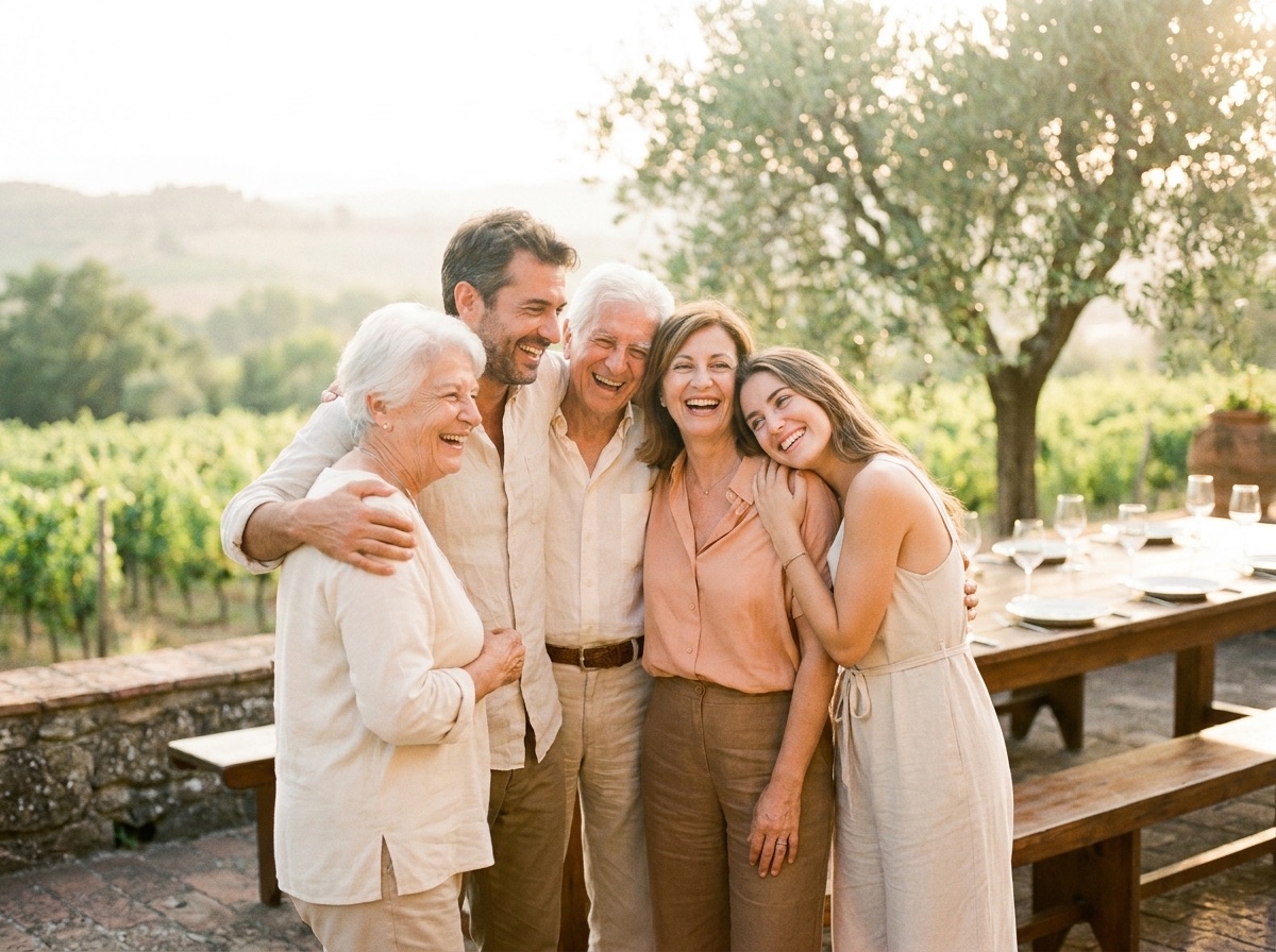 Una famiglia riunita e sorridente nella luce calda di un pomeriggio